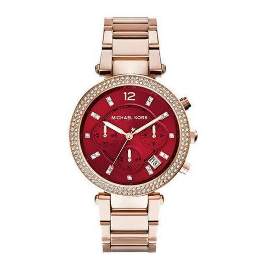 Michael Kors Parker chronograph watch with red dial, diamond bezel, and rose gold-tone bracelet