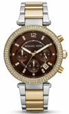 Michael Kors Parker MK6118 women's chronograph watch with brown dial, two-tone steel strap, and crystal bezel