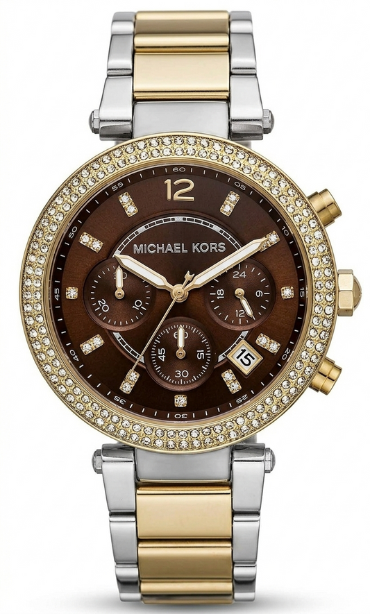 Michael Kors Parker MK6118 women's chronograph watch with brown dial, two-tone steel strap, and crystal bezel