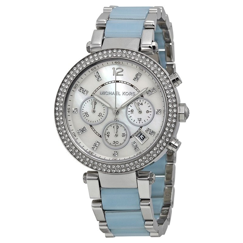 Michael Kors Parker women's watch at angle showing white dial, blue and silver bracelet