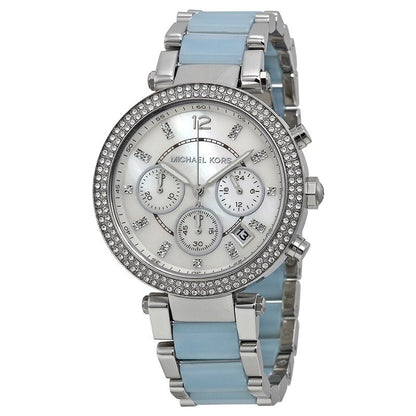 Michael Kors Parker women's watch at angle showing white dial, blue and silver bracelet