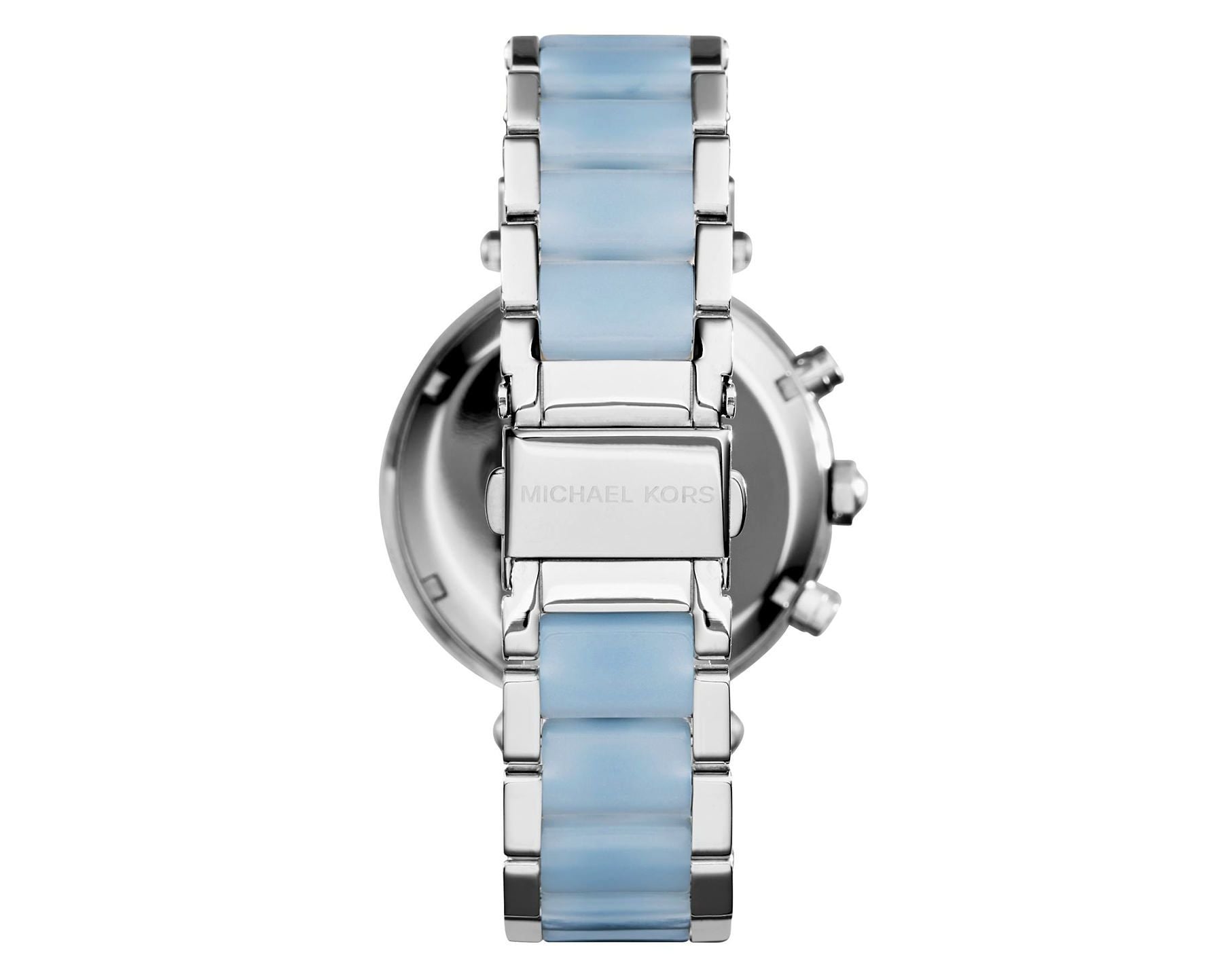 Michael Kors Parker women's watch caseback showing engraved Michael Kors branding
