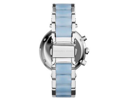 Michael Kors Parker women's watch caseback showing engraved Michael Kors branding