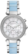 Michael Kors Parker white dial chronograph women's watch with diamond bezel and blue acetate strap