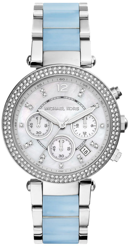 Michael Kors Parker white dial chronograph women's watch with diamond bezel and blue acetate strap