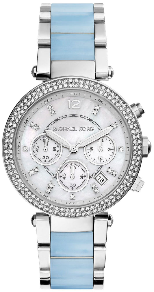 Michael Kors Parker white dial chronograph women's watch with diamond bezel and blue acetate strap