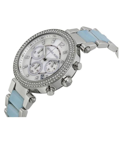 Michael Kors Parker women's chronograph watch worn, white dial with blue and silver bracelet