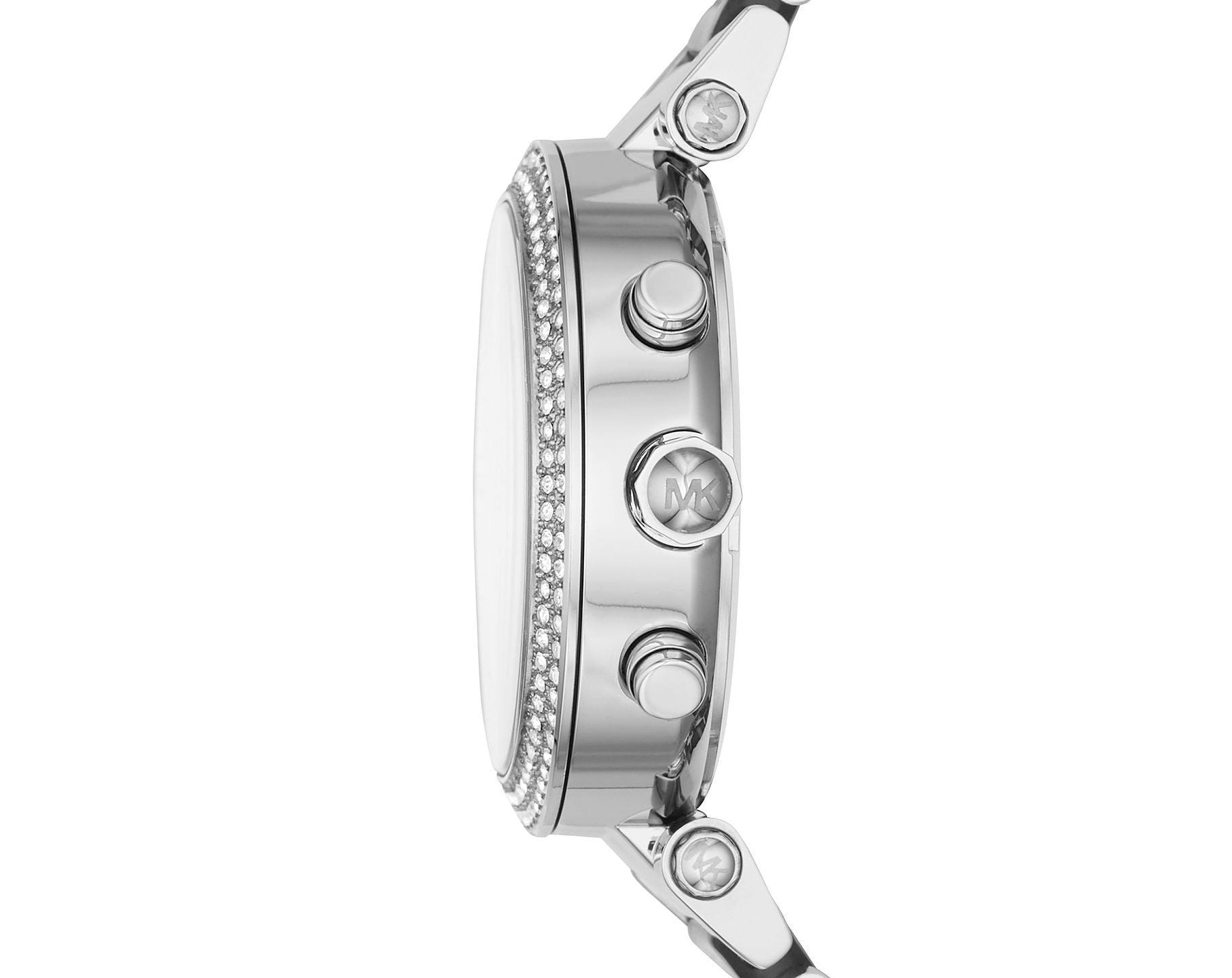 Michael Kors Parker women's watch side profile showing case thickness and diamond bezel