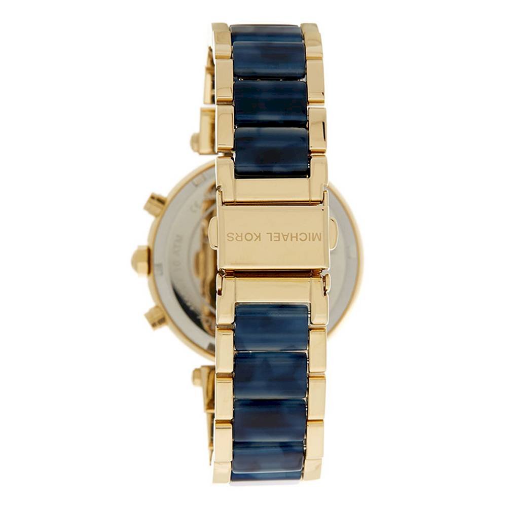 Caseback view of Michael Kors Parker watch with gold and navy metal bracelet and engraved case