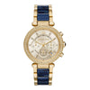 Michael Kors Parker champagne dial multi-function ladies watch with diamond bezel and gold navy strap