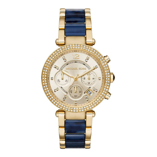 Michael Kors Parker champagne dial multi-function ladies watch with diamond bezel and gold navy strap