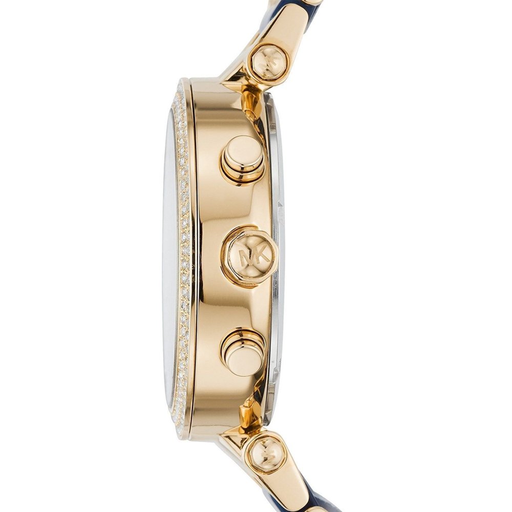 Side view of Michael Kors Parker watch showing gold case, diamond bezel, and chronograph subdials