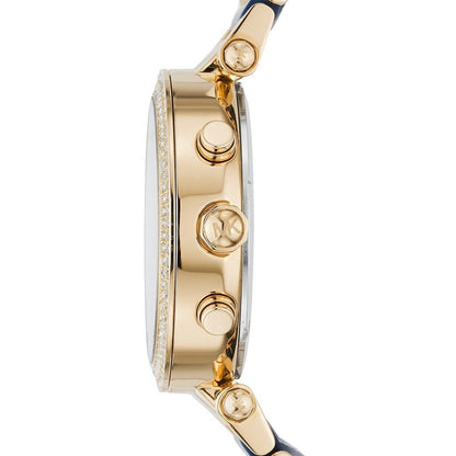 Side view of Michael Kors Parker watch showing gold case, diamond bezel, and chronograph subdials