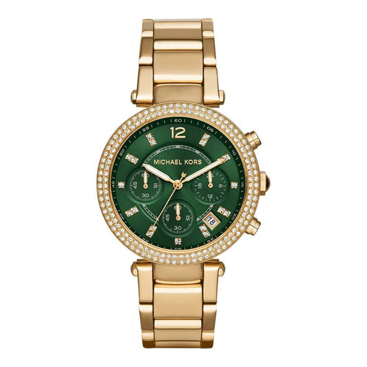 Michael Kors Parker gold chronograph watch with green dial and crystal bezel