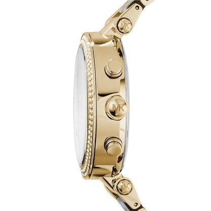 Michael Kors Parker watch side view showing gold case profile and crystal-set bezel