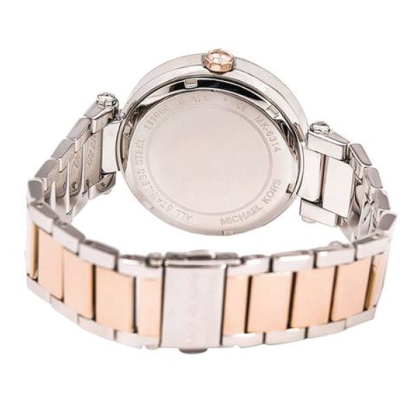 Case back view of Michael Kors Parker MK6314 showing engraved caseback and two-tone bracelet