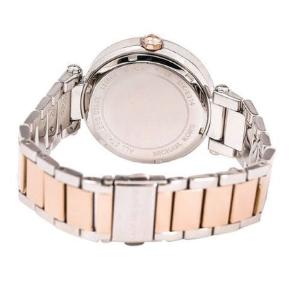 Case back view of Michael Kors Parker MK6314 showing engraved caseback and two-tone bracelet