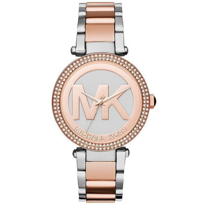 Michael Kors Parker MK6314 rose gold and silver ladies watch with crystal bezel and MK logo dial