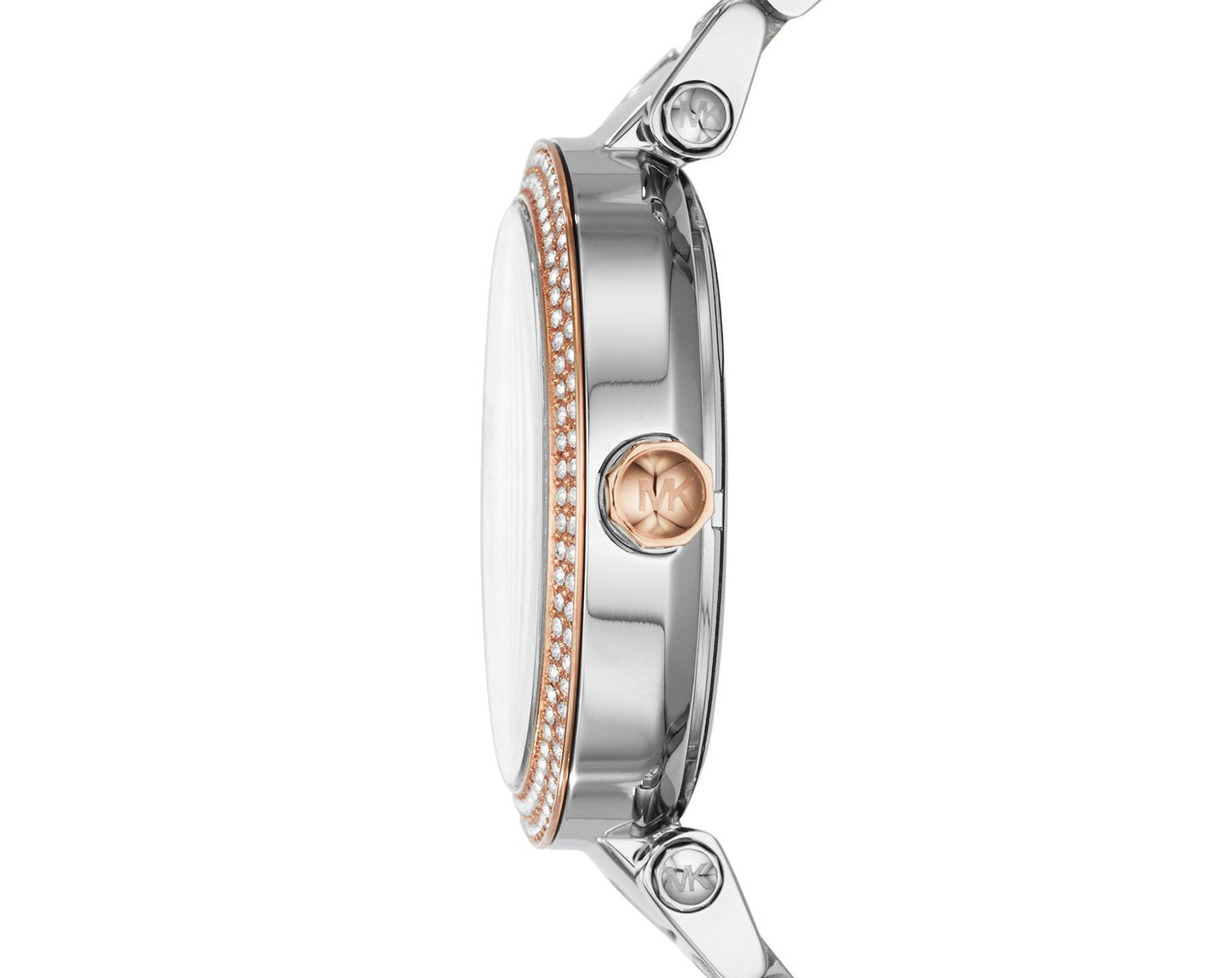 Side view of Michael Kors Parker MK6314 showing two-tone rose gold and silver bracelet and case profile