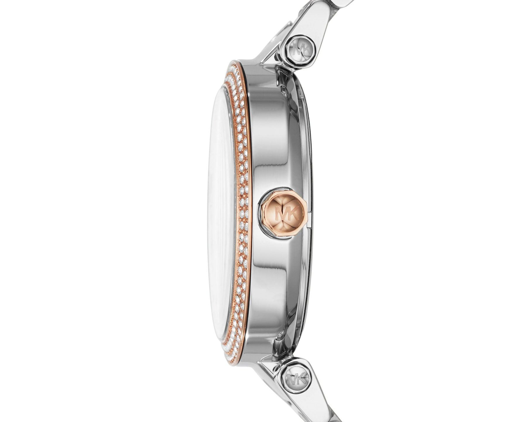 Side view of Michael Kors Parker MK6314 showing two-tone rose gold and silver bracelet and case profile