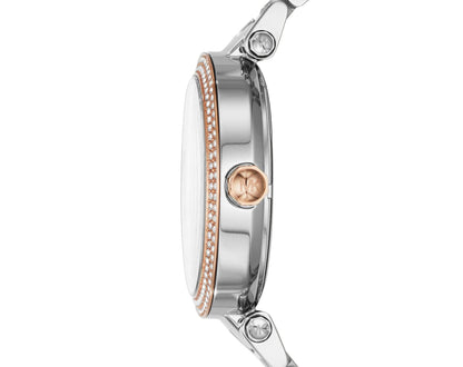 Side view of Michael Kors Parker MK6314 showing two-tone rose gold and silver bracelet and case profile