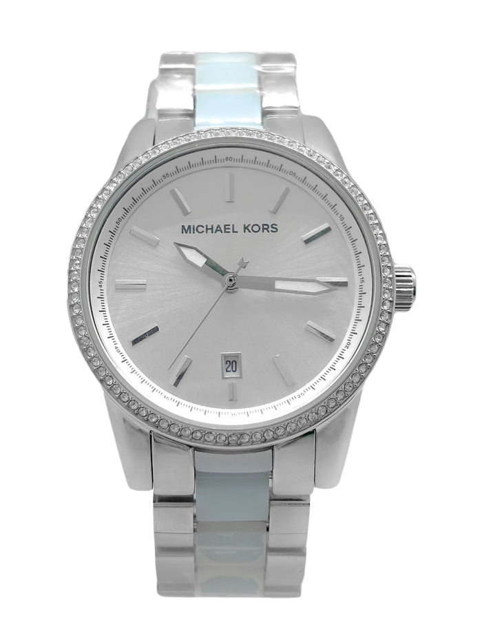 Michael Kors Parker MK6348 women's watch on wrist, blue and silver two-tone design