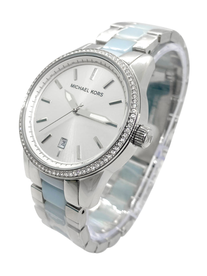 Michael Kors Parker women's watch side view displaying mixed metal bracelet profile