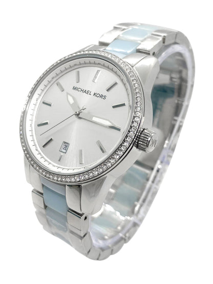 Michael Kors Parker women's watch side view displaying mixed metal bracelet profile