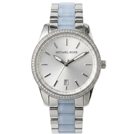 Michael Kors Parker women's watch with silver dial and blue-silver bracelet, front view