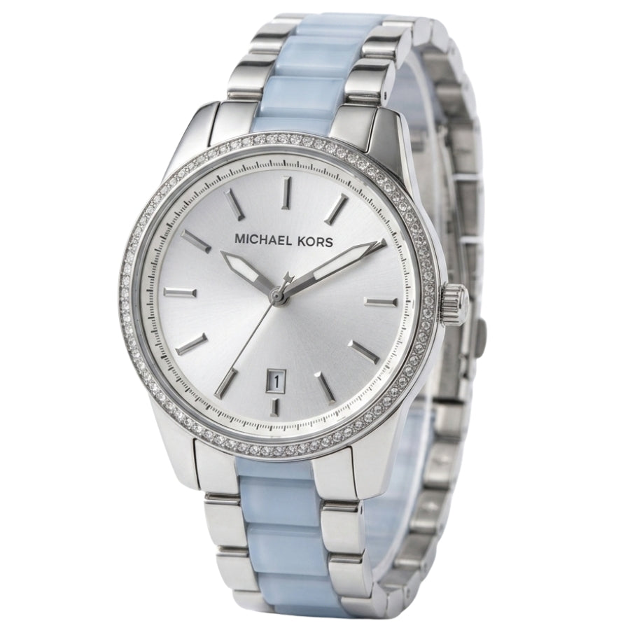 Michael Kors Parker women's watch angled view showing blue-silver two-tone bracelet