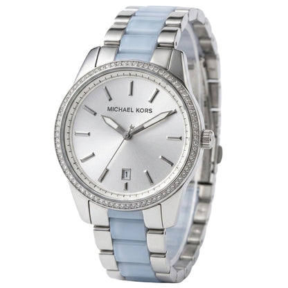Michael Kors Parker women's watch angled view showing blue-silver two-tone bracelet