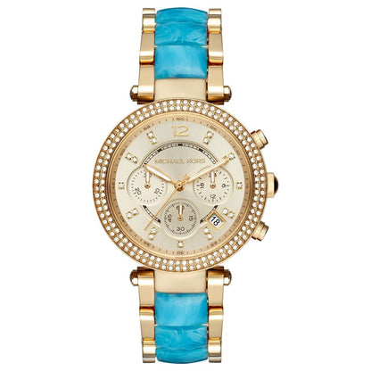 Michael Kors Parker gold-tone chronograph watch with diamond bezel, cream dial, and blue crocodile-embossed strap