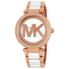 Michael Kors Parker women's watch with rose gold-tone case, crystal bezel, and white acetate strap