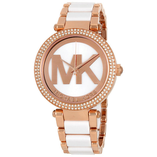 Michael Kors Parker women's watch with rose gold-tone case, crystal bezel, and white acetate strap