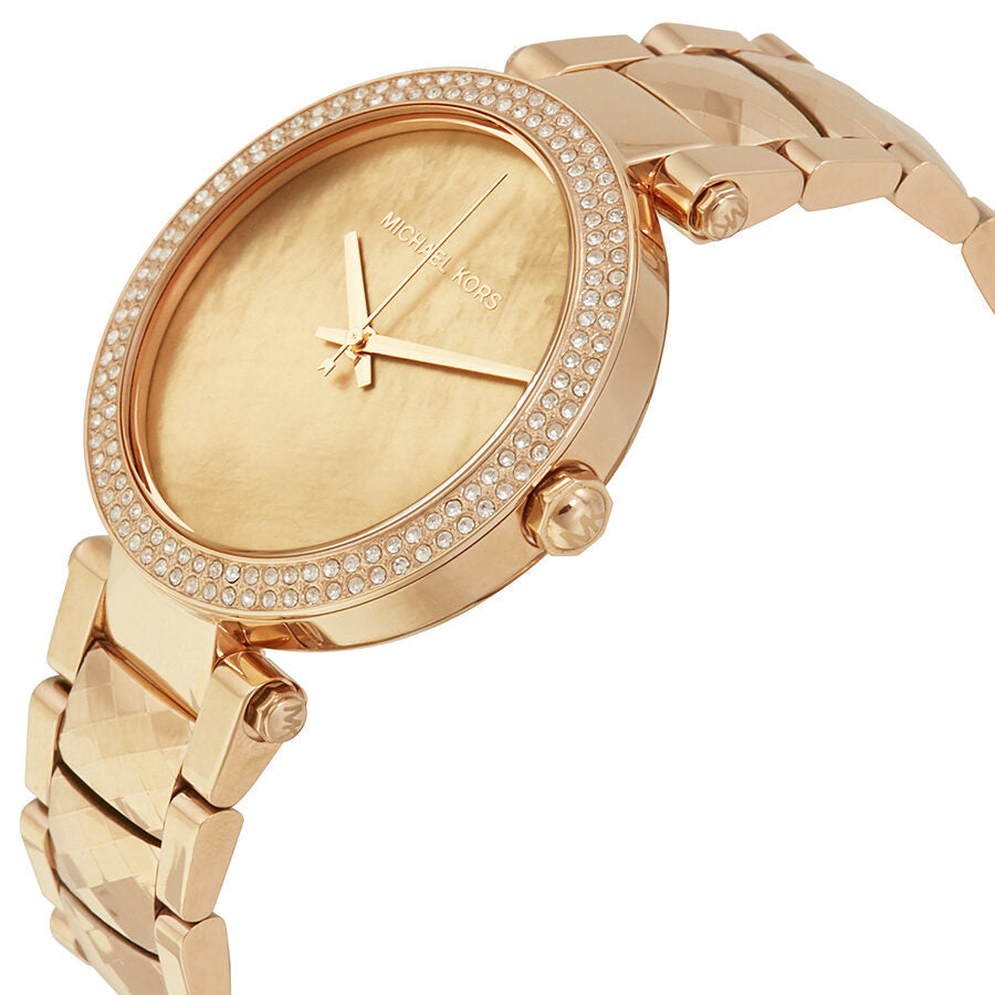 Michael Kors Parker MK6426 watch at angle showing gold-tone case, MOP dial, and bracelet