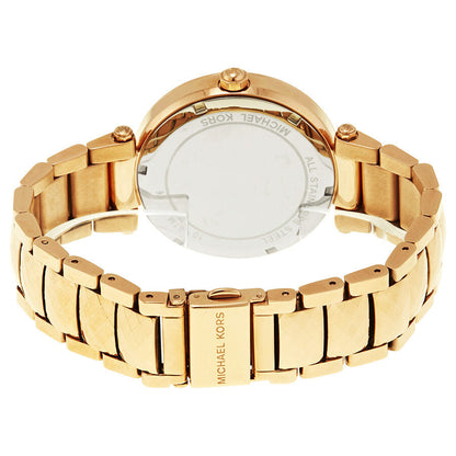 Michael Kors Parker MK6426 caseback showing gold-tone stainless steel bracelet and case