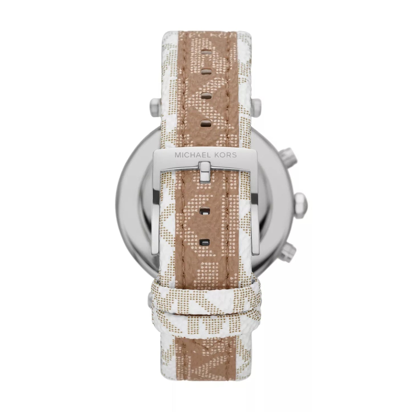 Back case view of Michael Kors Parker watch showing silver case back and brown signature-print PVC leather strap
