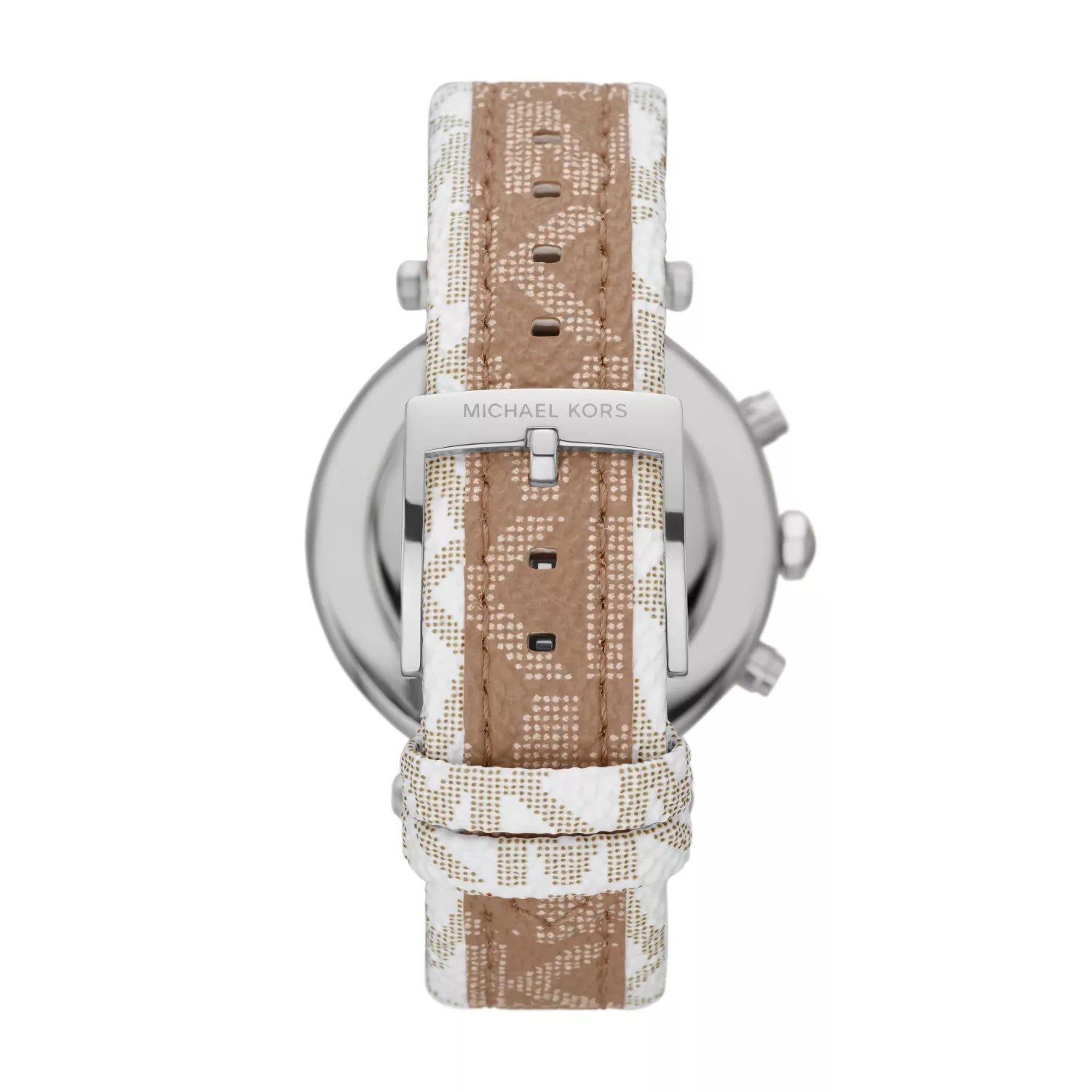 Back case view of Michael Kors Parker watch showing silver case back and brown signature-print PVC leather strap