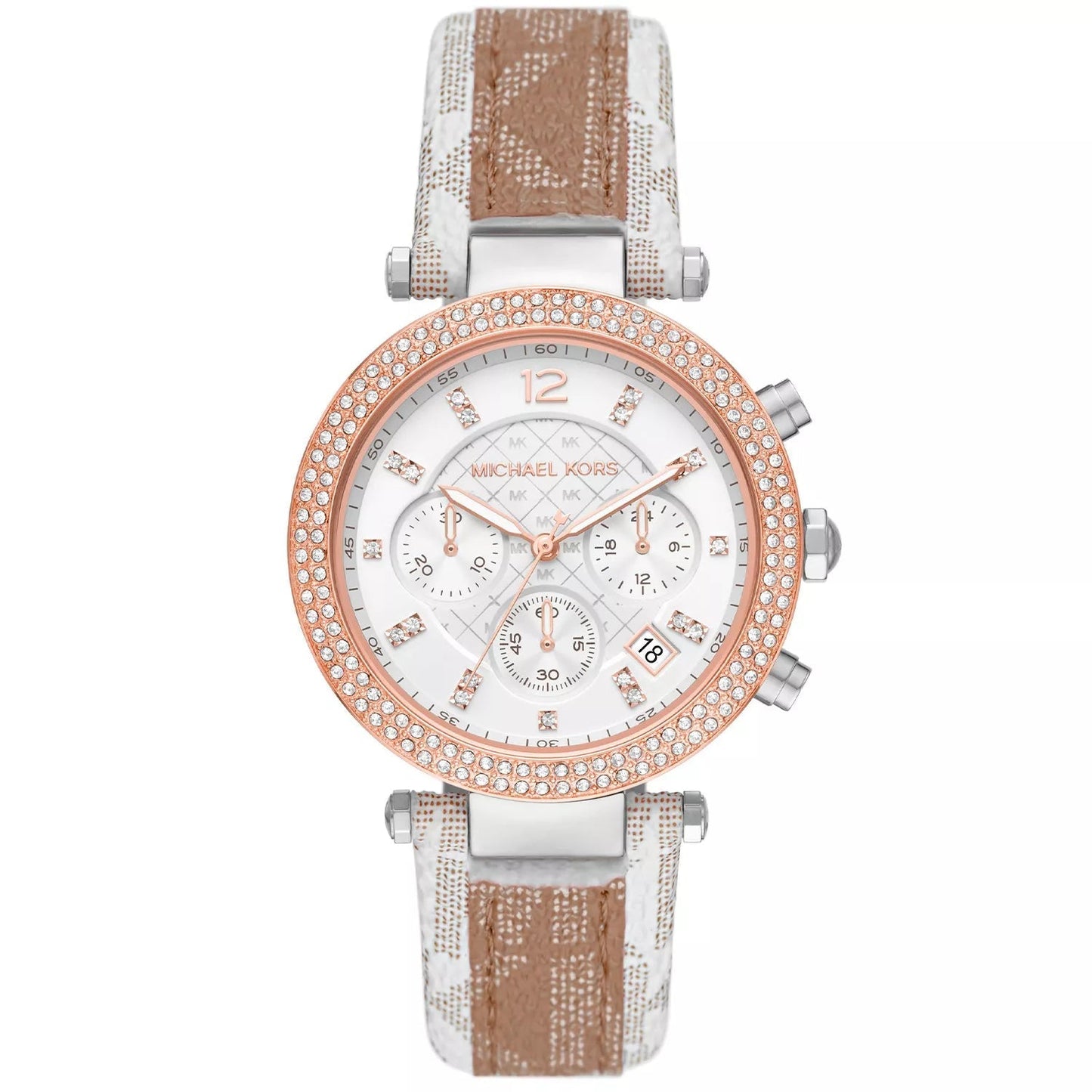Michael Kors Parker Pavé two-tone women's chronograph watch with rose gold bezel and signature-print strap
