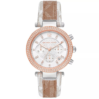 Michael Kors Parker Pavé two-tone women's chronograph watch with rose gold bezel and signature-print strap