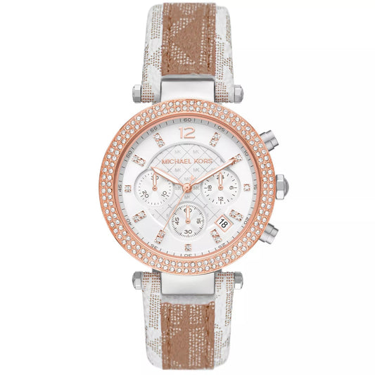 Michael Kors Parker Pavé two-tone women's chronograph watch with rose gold bezel and signature-print strap