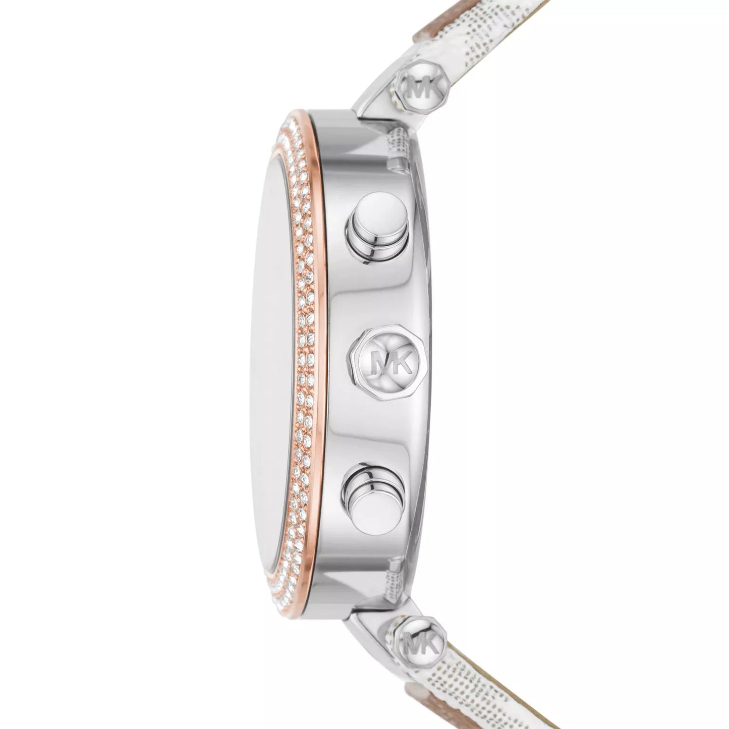 Side profile of Michael Kors Parker watch showing rose gold bezel, silver case, and multi-function chronograph pushers