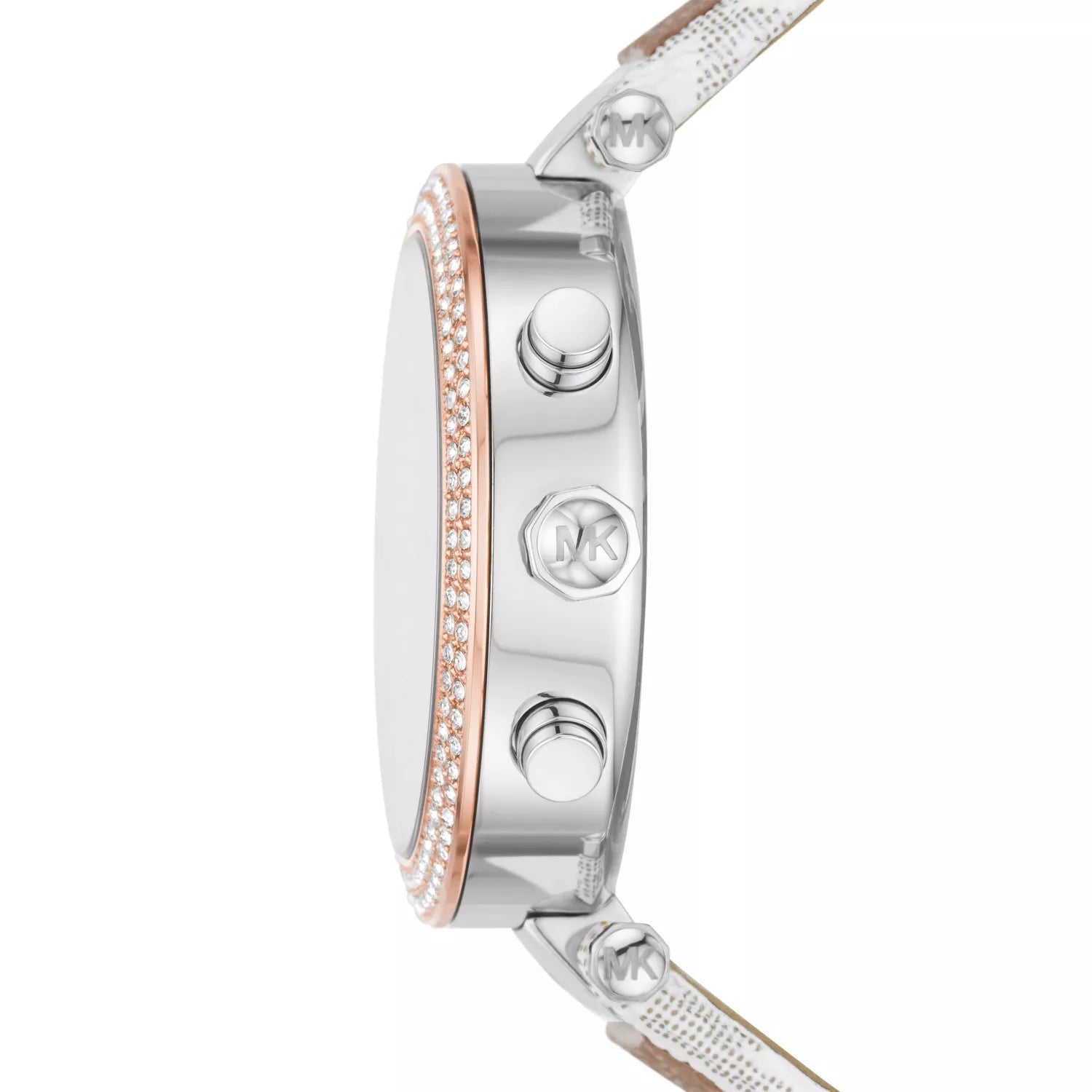 Side profile of Michael Kors Parker watch showing rose gold bezel, silver case, and multi-function chronograph pushers