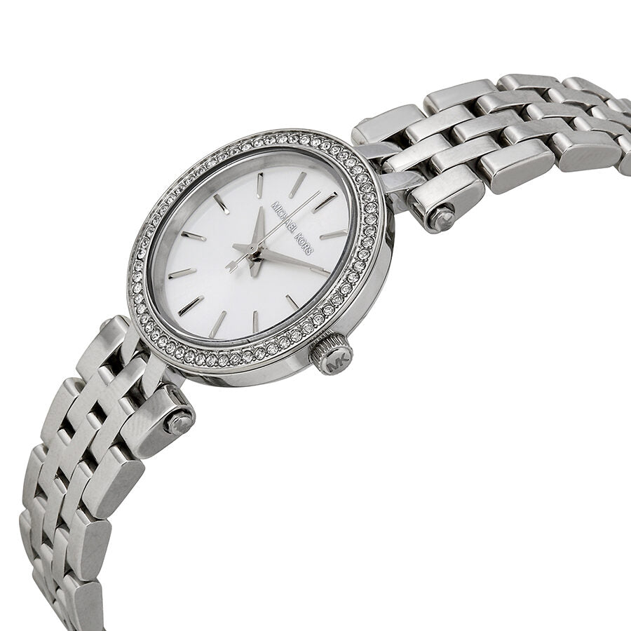 Michael Kors Petite Darci watch with silver stainless steel bracelet at angle