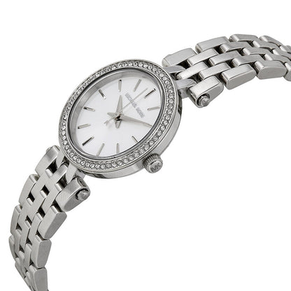 Michael Kors Petite Darci watch with silver stainless steel bracelet at angle