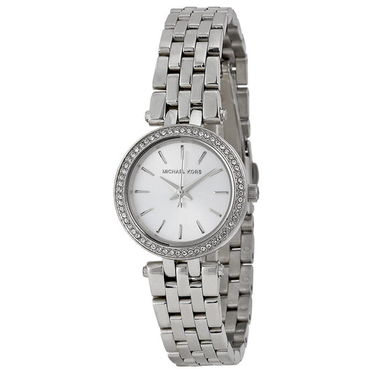 Michael Kors Petite Darci silver women's watch with white dial and crystal bezel