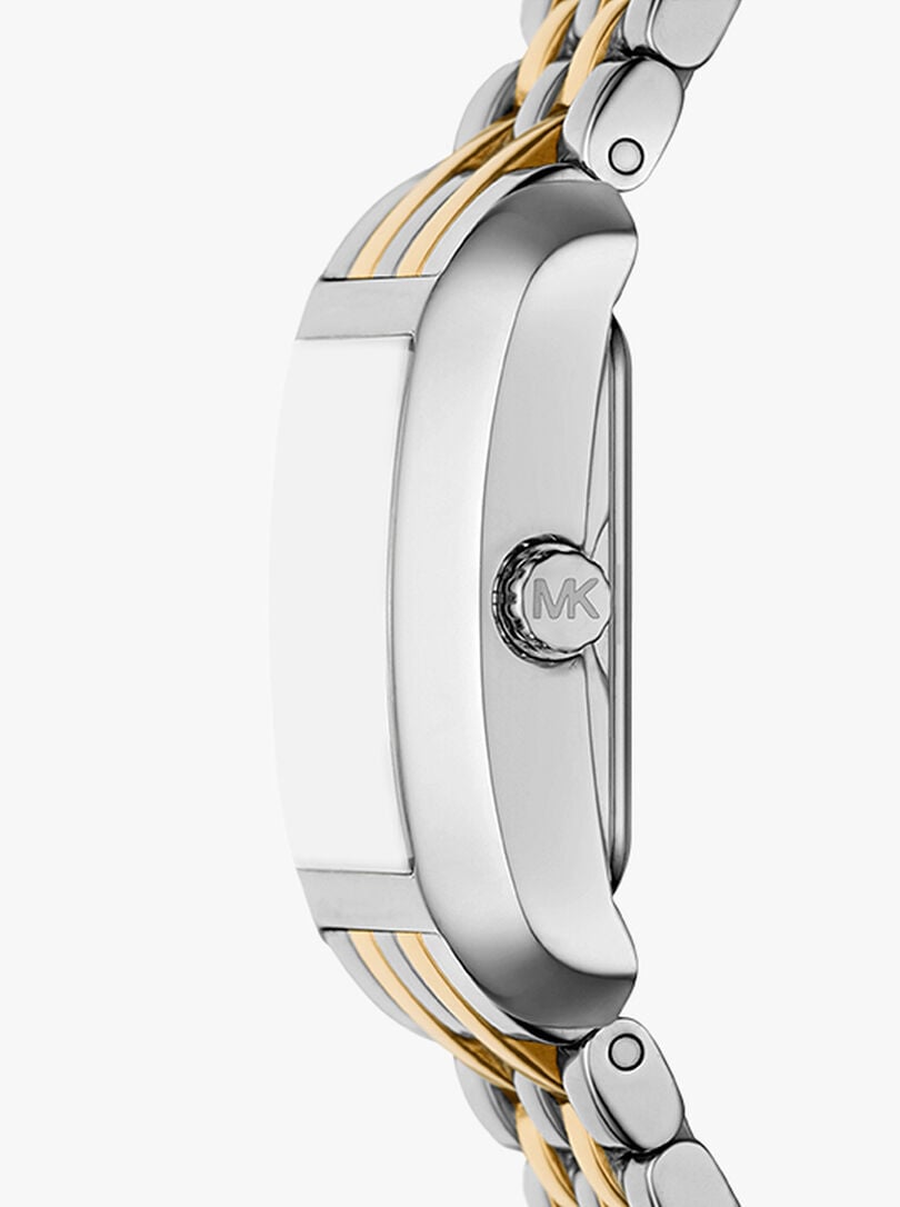 Angle view of Michael Kors Petite Emery watch case and two-tone bracelet detail