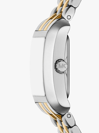 Angle view of Michael Kors Petite Emery watch case and two-tone bracelet detail