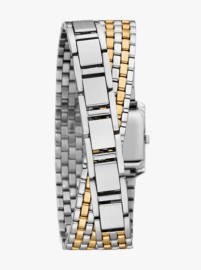 Side view of Michael Kors Petite Emery watch showing double wrap two-tone bracelet