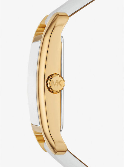 Side view of Michael Kors Petite watch showing gold-tone case profile and white leather strap